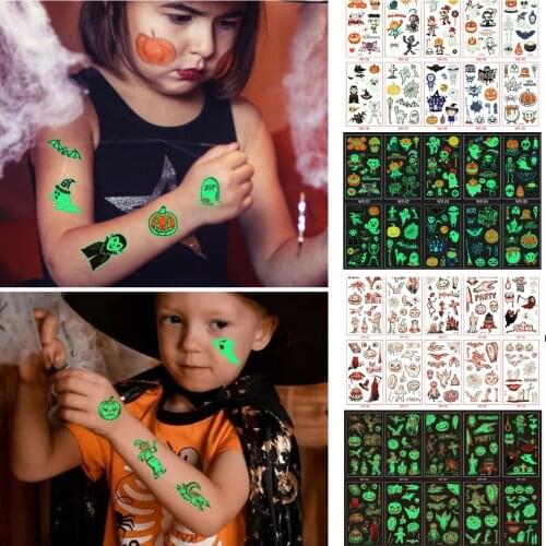 10pcs/set Tattoo Stickers For Kids Glitter Tatoo Waterproof Halloween Christmas Cartoon Stickers Kids Luminous Tattoo Stickers