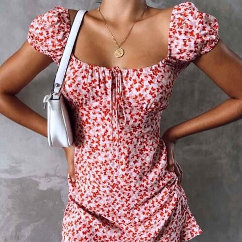 2021 Sexy Floral Lace Up Mini Dress Fashion Women Evening Party Dress Bodycon Dress Femme Casual Short Sleeve Dresses Vestidos