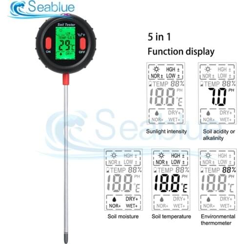 5 in 1 LED Digital Soil Ph Meter Soil Tester PH Moisture Meter Temperature Sunlight Intensity Measurement Analysis Tool