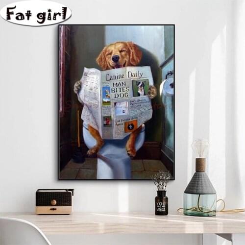High Quality Embroidery Diamond Painting Dog Reading The Newspaper In The Toilet 5D Diy Cross Stitch Mosaic Square Round Drill