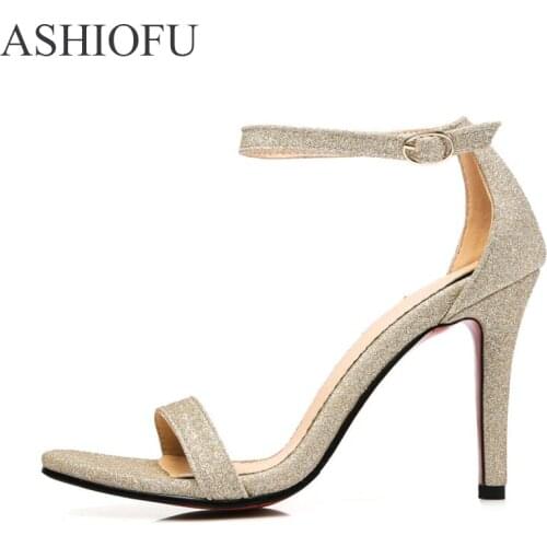 ASHIOFU New Womens High Heel Sandals Open-toe Buckle Strap Party Prom Summer Shoes Fashion Shiney Evening Sandals Shoes