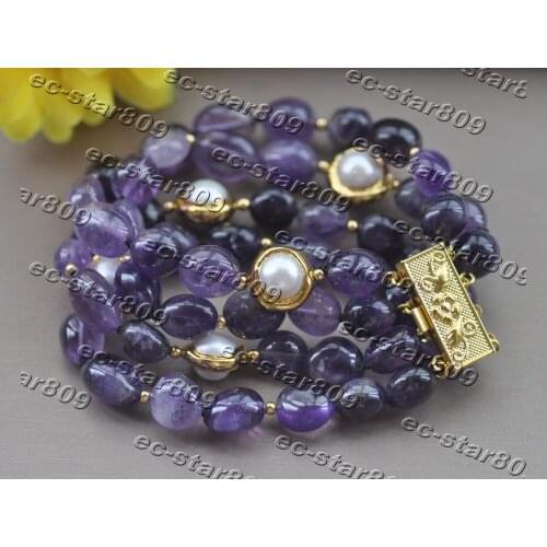 Z11378 4Row 8" 15mm Purple Baroque Amethyst gold-plating White Pearl Bracelet