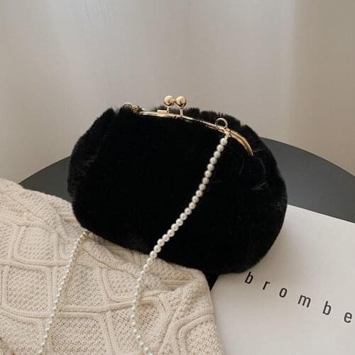 Black Women Lady Faux Fur Single Shoulder Bag Winter Pearl Belt Trendy Furry Plush Casual Vogue Korean Japan UK Girl Bags Bols
