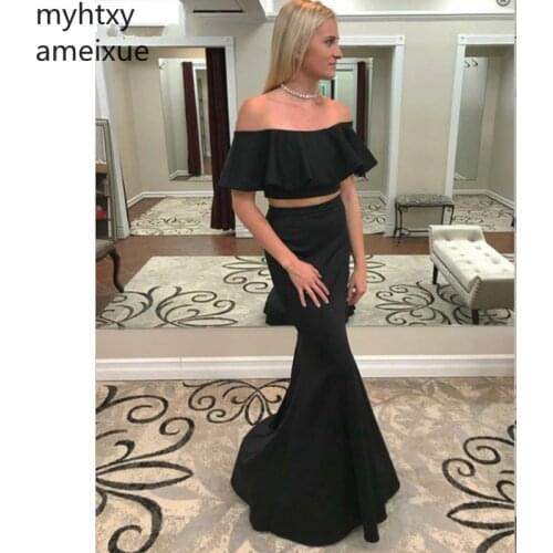 Black Long Cheap Elegant Plus Size Evening Dress 2021 Sexy Two Pieces Gown Formal Party Prom Special Occasion Open Neck Mermaid