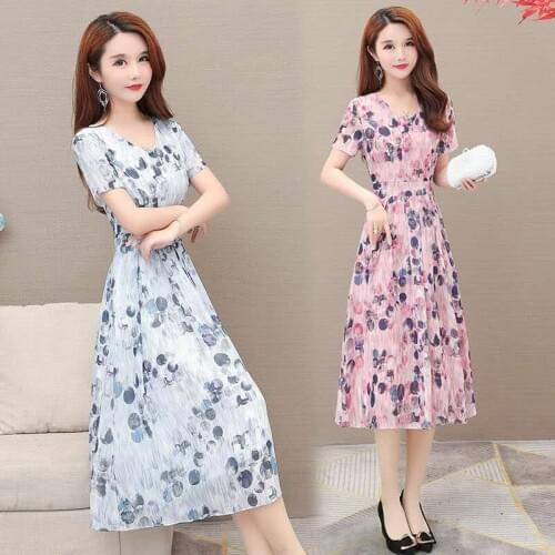 Summer Chiffon Floral Print Short Sleeve V-Neck Tea-Length A-Line Plus Size Light Green White Gray Pink Cocktail Dress