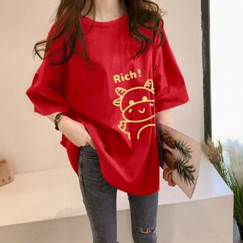 M-5xl cotton large womens spring and summer cartoon cow print short sleeve T-shirt China Red