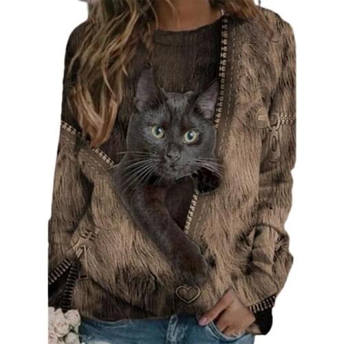 Fashion Women Shirts O Neck Long Sleeve Zipper Cats Print Loose Blouse Shirts Top Plus Size Blouses