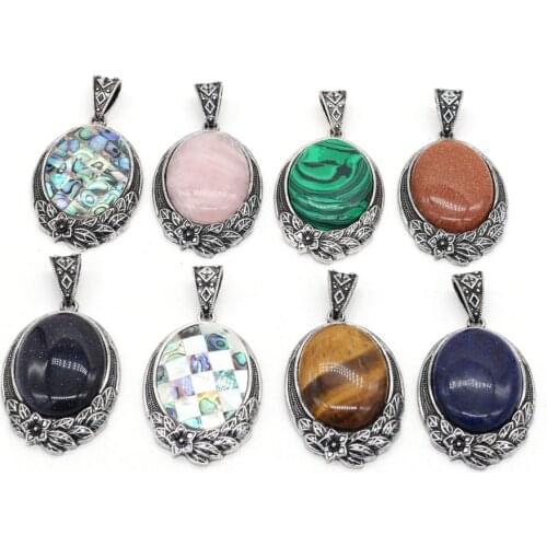 Natural Stone Elliptical Charms Lapis Lazuli Rose Pink Quartz Pendant for Women Vintage Necklace DIY Jewelry Making Size 40x60mm