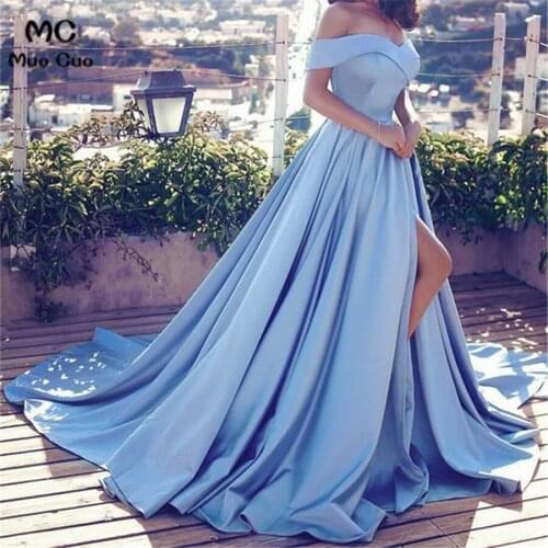 New Off Shoulder Evening Dresses Long vestido de festa Satin Draped Front Split A-Line Formal Evening Party Dress 100% Real