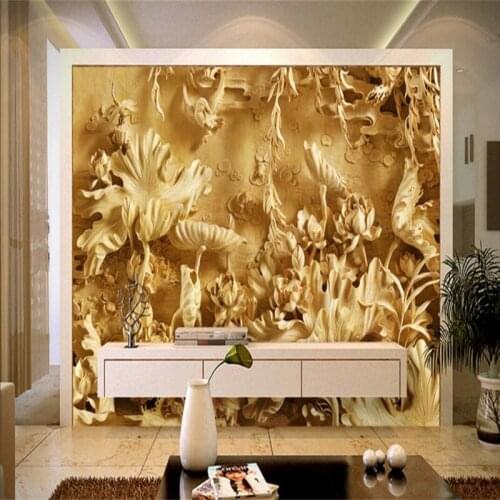 Beibehang Custom photo wallpaper large 3D wall murals wall stickers three-dimensional wood carving lotus TV background wall 3D
