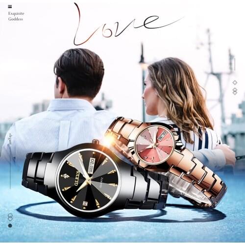 OLEVS Couple Watch Stainless Steel Band Fashion Waterproof His and Her Luminous Quartz Wristwatch Set for Lovers One Pair