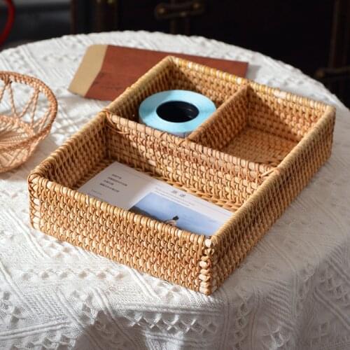 3 Grids Desk Rattan Basket Woven Baskets For Organizing Hand Made Makeup Box Home Organization And Storage Eco-Friendly