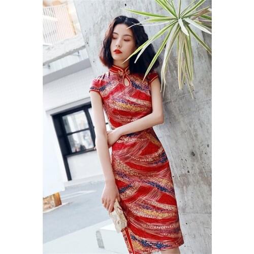Retro Chinese Traditional Woman Dress Sexy Split Elegant Oriental Cheongsam Summer Slim Print Silk Vintage Party Evening Qipao