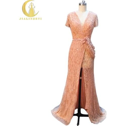 Rhine Real Sample Image Elie Saab Short Sleeves Full Hand Work Beads Luxurious V Neck Open Back Formal Party Evening Dress