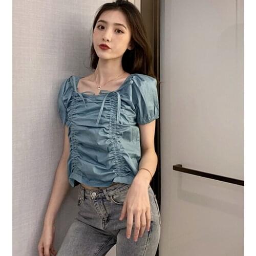 BETHQUENOY White Blue Woman Shirts Summer Ladies Tops 2021 Chemise Femme Folds Tshirt Women Poleras Mujer Camisetas Slim Blouses