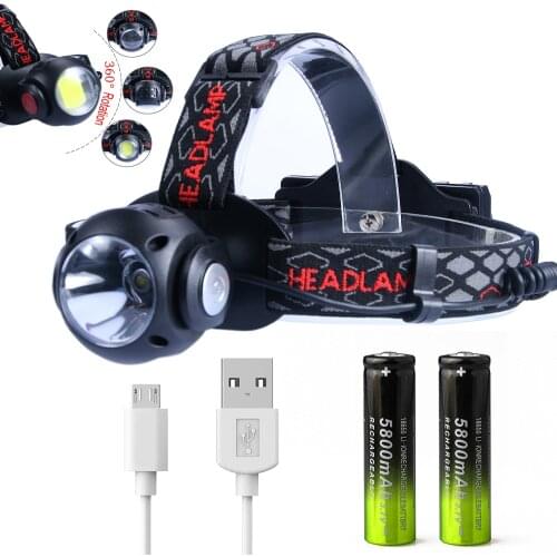 USB Headlamp COB LED Headlight 8000LM T6 Double Use Head Lamp Torch Multi-Functional Rotate Red White Light Waterproof by 18650