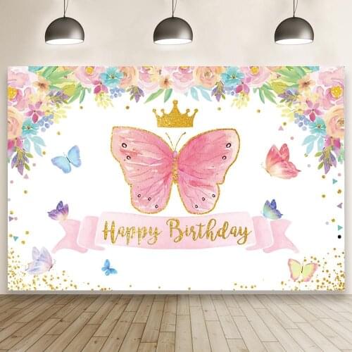 Beautiful Flowers Crown Butterfly Baby Show Party Backdrop Children Birthday Room Decoration Photography Photo Vinyl Background