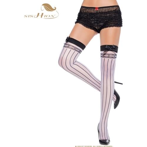SISHION Vintage Retro White Sexy Women Bow Lace Stockings Stretch Over Knee Bow-knot Thigh High Stockings with Black Striped
