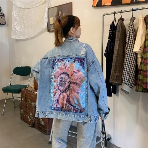Streetwear Style Print Womens Denim Jacket Coat Diamonds Hole Jeans Outwear Female Spring Autumn Casual Loose Cowboy Outwear