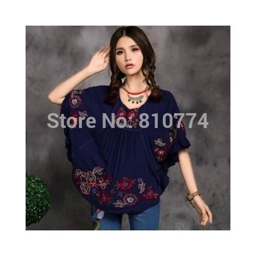 Brand high quality national trend circarc cotton embroidered fit 5XL womens shirts half sleeve batwing Tops Women
