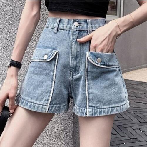 Temperament womens jeans shorts womens summer 2021 high waist Korean A-line wide leg design black shorts Regular