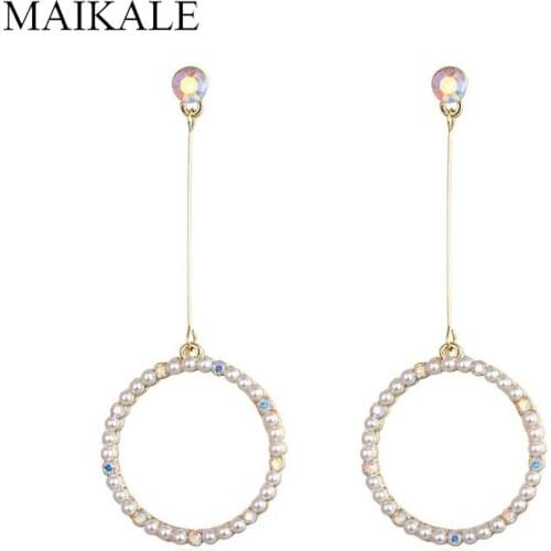 MAIKALE Trendy Round Circle Drop Earrings with Pearls Colorful Rhinestone Gold Long Pole Dangle Earrings for Women Jewelry Gifts