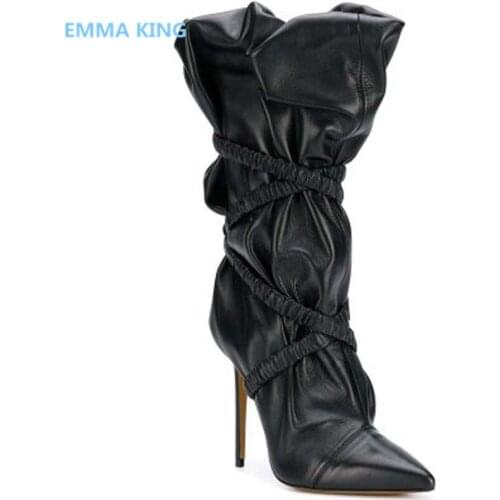 Europe Style Women Stiletto Heel Boots Ruffles Narrow Band Pointed Toe High Heels Punk Shoes Woman Winter Black Knight Booties