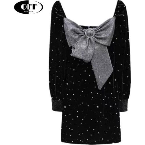 Elegant Party Night Mini Velvet Woman Dress Black Big Bow Designer Autumn Spring Long Sleeve Square Collar Star Dresses Vestido