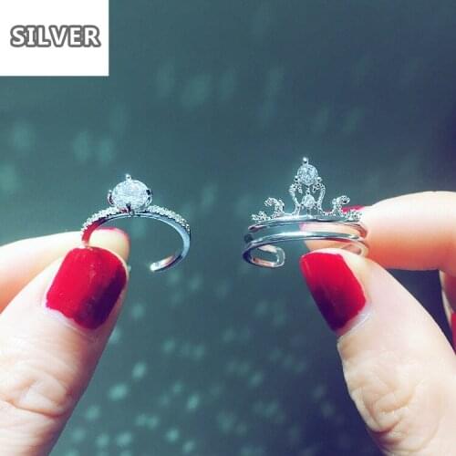 Crown 2-in-1 ring female fashion zircon ring opening adjustable plated S925 silver ring