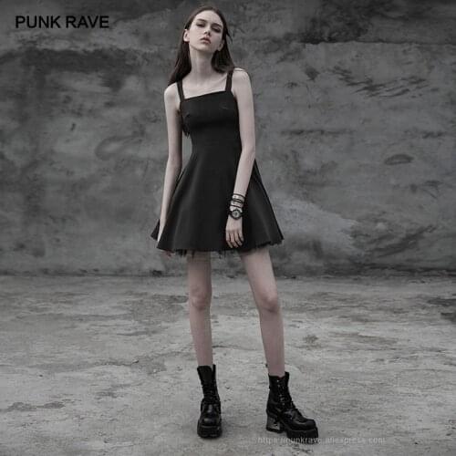 PUNK RAVE New Gothic Womens Laced Back Cut-out Black Mini Dress Punk Tie Rope Design Condole Belt Chiffon Sexy Women Dress