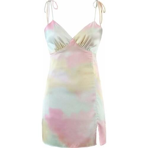 Mini chiffon dresses for women 2021 elegant sexy tie dye dress beach Summer dresses casual spaghetti strap dress split korean