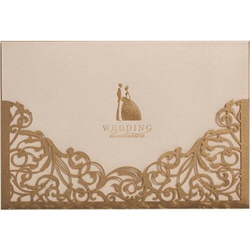 5 x 7inch 50Pcs Gold & Red Laser Cut Wedding Invitations Card, Blank Bridal Shower Invitation Cards Pocket Lot with Envelopes