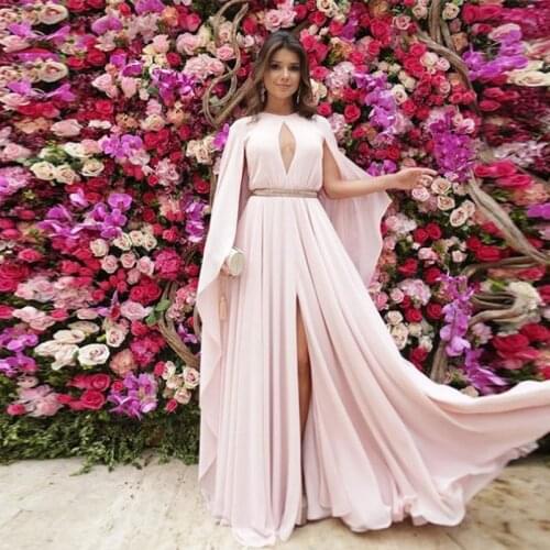Arabic Evening Dresses 2020 O-Neck Cape Sleeves Side Split Chiffon Floor Length Dubai Prom Dresses Saudi Muslim Party Gowns
