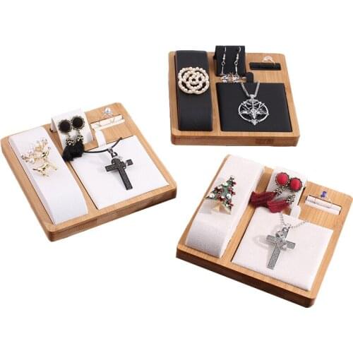 Bamboo Multi-Function Jewelry Display Stand Necklace Ring Earring Bracelet Show Tray Organizer Holder Showcase Pendants Box