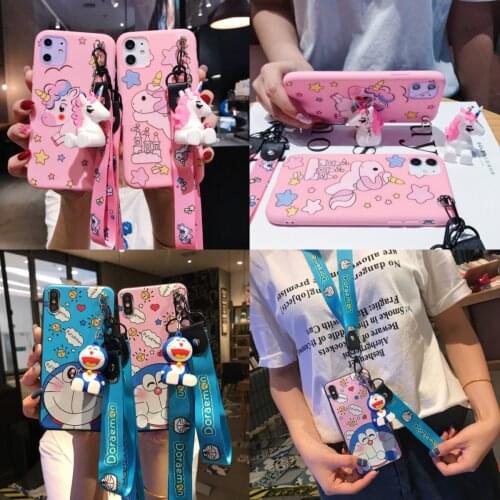 For iPhone 11 Pro Xs Max XR 6 7 8Plus For Samsung A30 50 51 71 S20 S10 S9 Note 10 9 Unicorn TPU Stand Holder Strap Rope Case