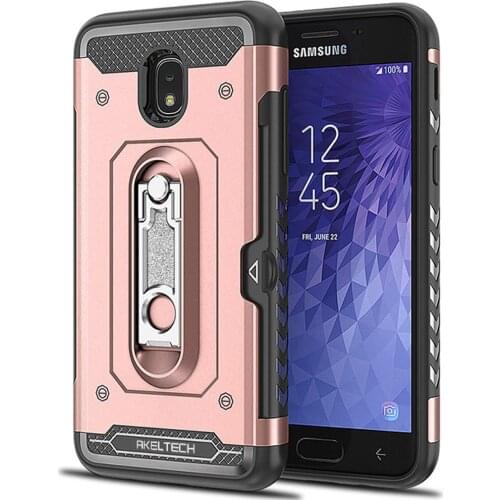 For Samsung Galaxy J3 2018/Orbit/Aura/Amp Prime 3/Express Prime 3/Sol 3 Case Dual Layer Armor Metal Stand & Card Holder Cover