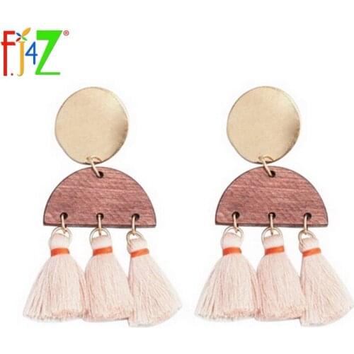 F.J4Z New Style Fashion Novel Brown Wood Pink Tassel Fringes Anti-gold Color Circle Pendant Drop Earrings for women Bijoux