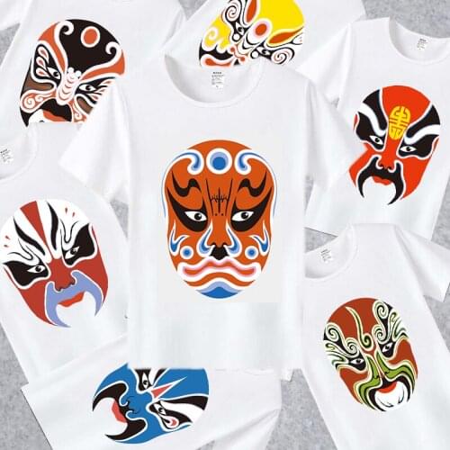 Chinese Peking Opera Face Printed T Shirt Fashion Facial Makeup Summer T-Shirt Short Sleeves Top Tee Halloween Cosplay Costume