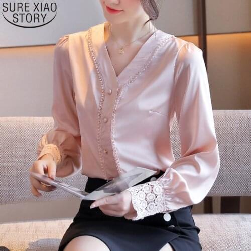 Fashion Elegant Women Shirts Sweet Lace Long Sleeve Blouse 2020 New Autumn V-neck Simple Temperament Pink Shirt Women Tops 11403