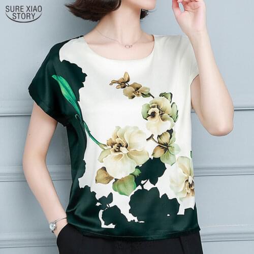 Fashion Silk Blouses Blusas Mujer De Moda 2021 Casual Satin Plus Size Shirts Summer Short Sleeve Printed Office Lady Tops 10182