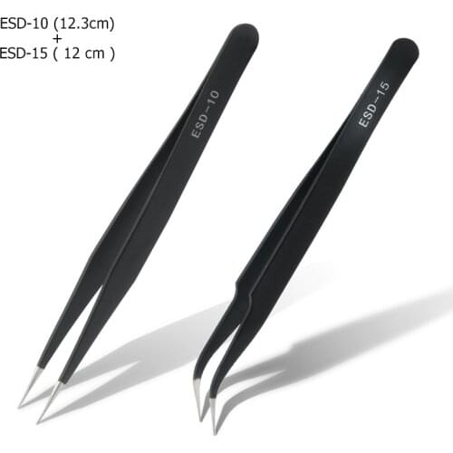 QIAO 2piece/set Black Anti-static Curved Straight Tip Forceps Precision Soldering Tweezers Set Electronic Tweezers Sewing Tool