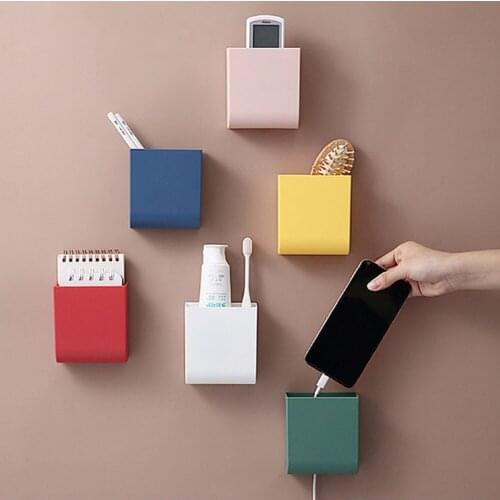 Wall-mounted perforated free storage rack mobile phone rechargeable storage box for bathroom and kitchen