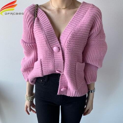 New 2020 Winter Clothes Women Cardigan Sweater With Pockets Single Button Pink Beige Blue Oversized Cashmere Cardigans Sweaters
