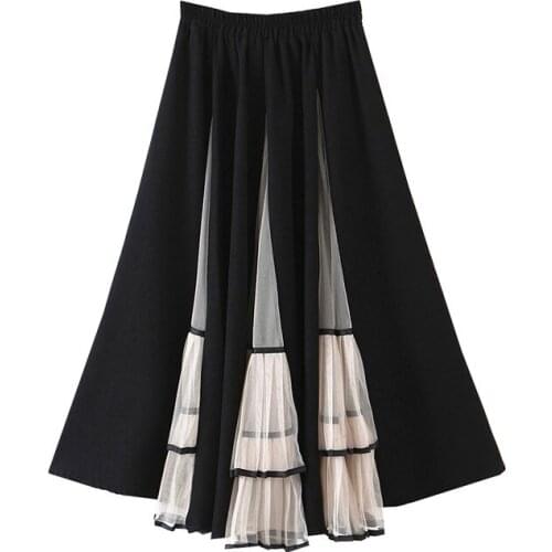 Retro High Waist Pleated Skirt Contrast Color Mesh Splicet Long A-line Skirts Womens Faldas Mujer Moda 2021 Spring Clothing