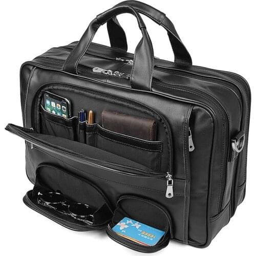 Large Briefcase Super Large Capacity with removable Strap 2 Usages fit 17''PC Business Trip Travel Genuine Leather Black Casual