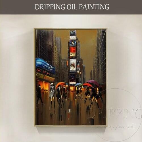 Hand-painted High Quality Abstract City Street Oil Painting on Canvas Fine Art People Walking New York Times Square Oil Painting