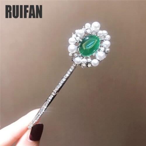 Ruifan Vintage Simulated Emerald Pearl Crystal Metal Hair Pins Accessories Wedding Jewelry Girl Decoration for the Hair YHA005