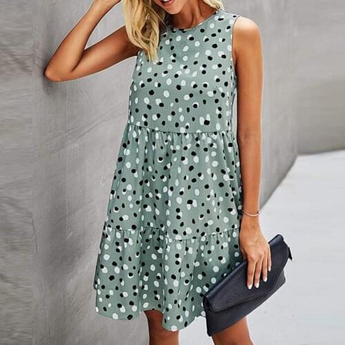 Summer Women Sundress O Neck Dots Print Sleeveless Large Hem Loose Knee-length Dress Ladies Office Holiday Party Female vestidos