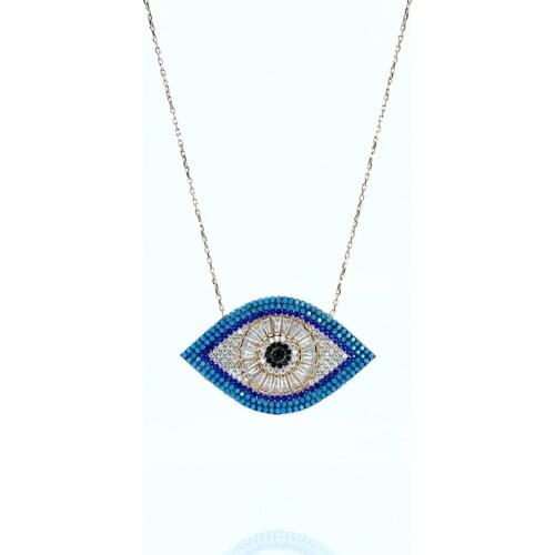 Turquoise Baget Cubic Zirconia Big Evil Eye Silver Necklace