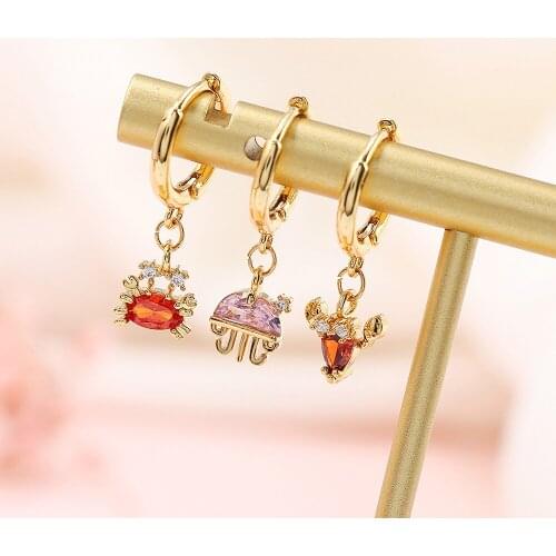 KISSLOVE Summer Hot Cute Marine Organism Jellyfish Lobster Crab Seahorse Crystal Charm Small Huggies Hoop Earring For Women